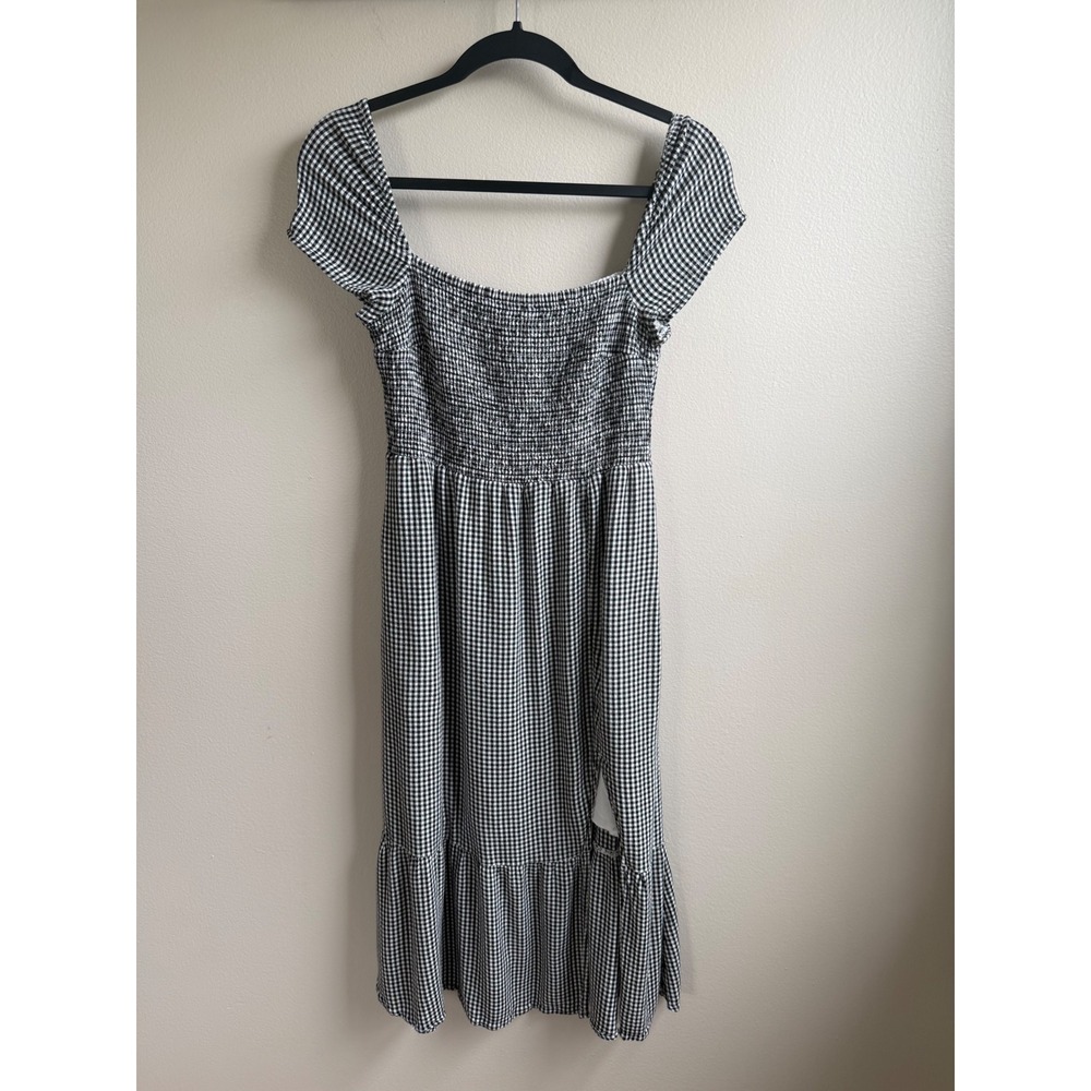 Abercrombie & Fitch Gingham Smocked Midi Dress Black White Slit Pockets M